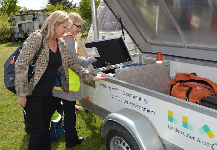 Anne Main at the installation of a new mobile noise monitoring unit in north St Albans