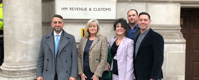 Outside the Treasury (L-R) Christo Tofalli, Anne Main MP, Mandy McNeil, Sean Hughes and Alan Oliver